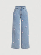 MOD Bow Knot Casual Straight Leg Jeans shein
