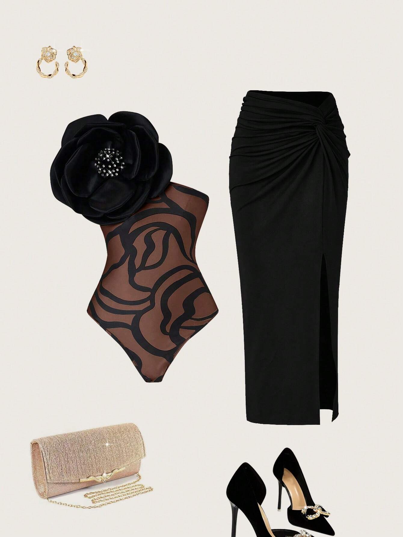 Priv� Stereo Flower Decorated Bodysuit & Twist Front Split Thigh Skirt shein