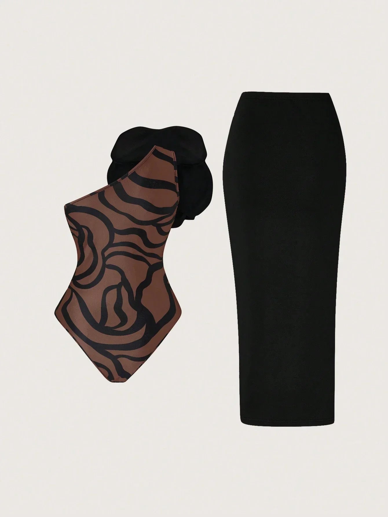 Priv� Stereo Flower Decorated Bodysuit & Twist Front Split Thigh Skirt