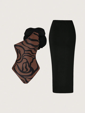 Priv� Stereo Flower Decorated Bodysuit & Twist Front Split Thigh Skirt