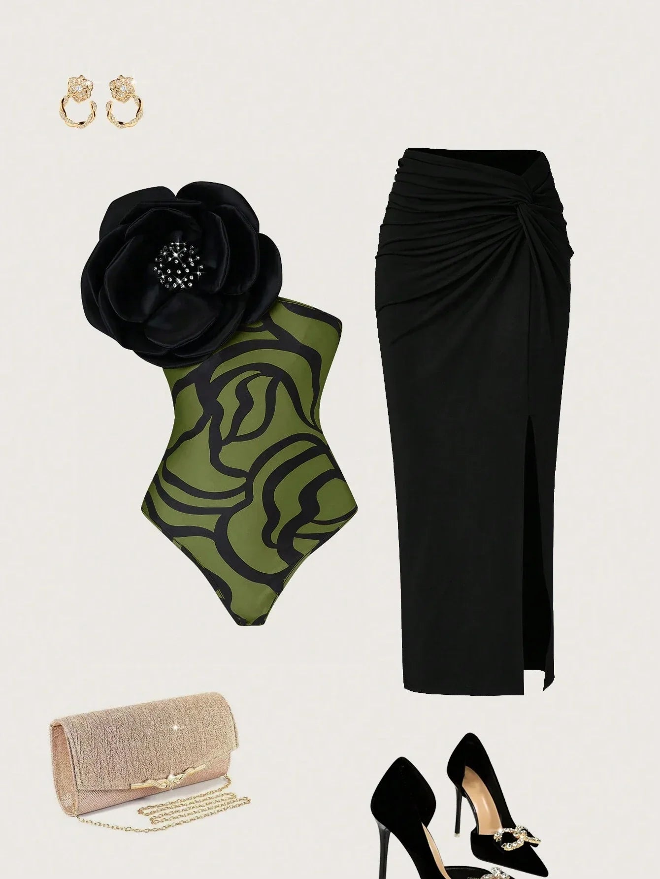 Priv� Stereo Flower Decorated Bodysuit & Twist Front Split Thigh Skirt shein