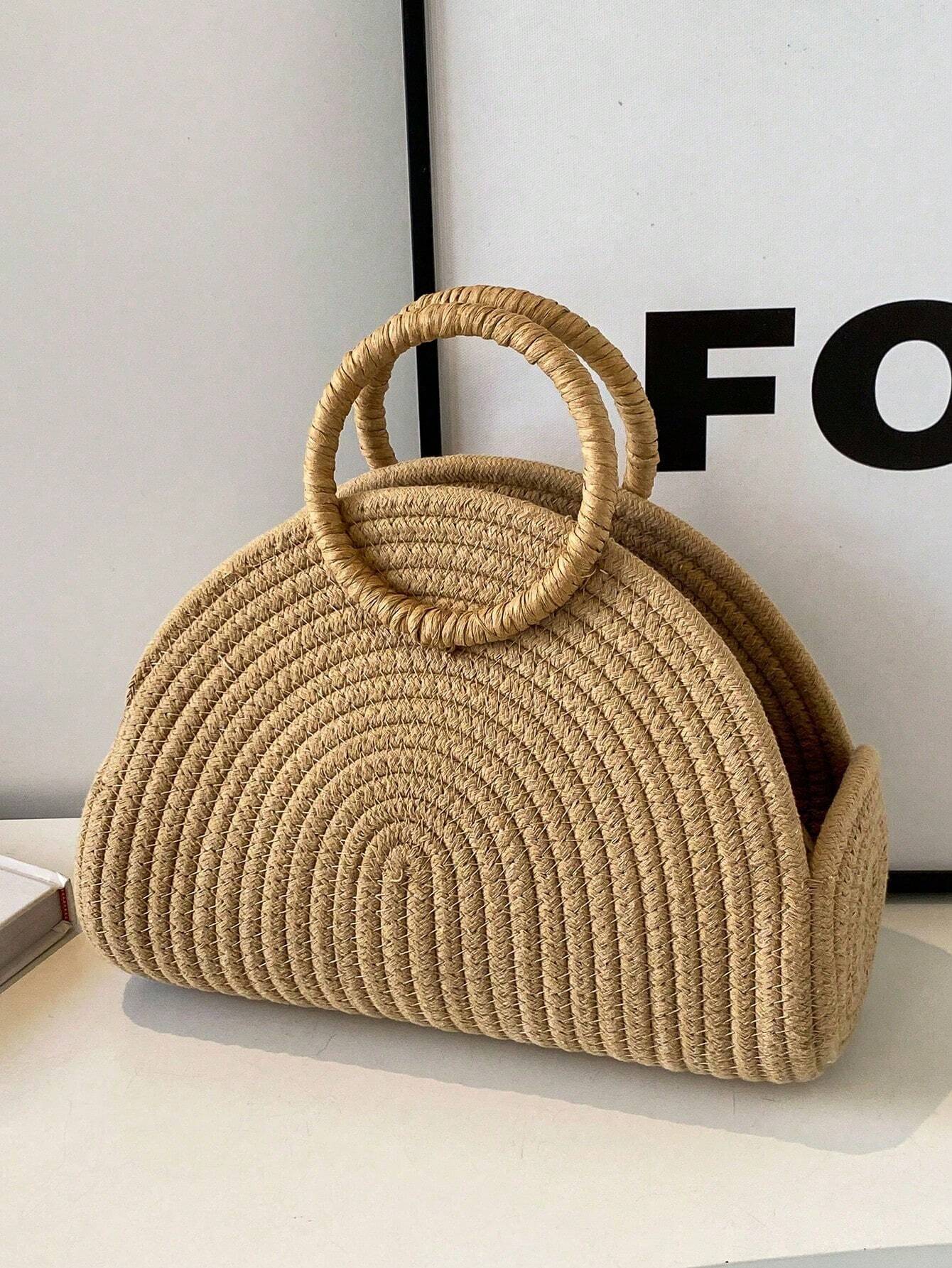 Straw Semi-Circular Tote Bag shein