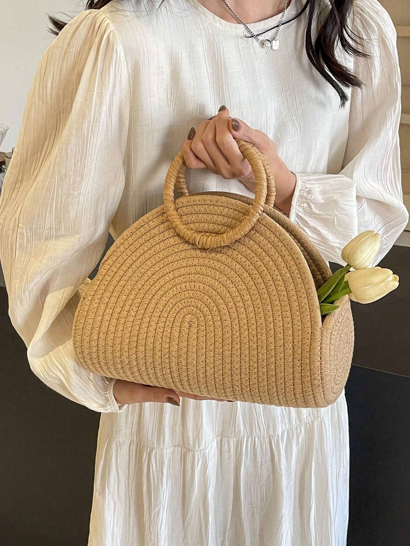 Straw Semi-Circular Tote Bag shein