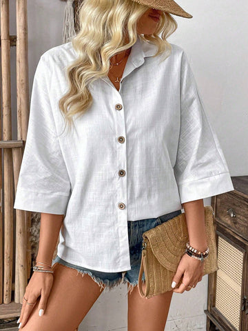 VCAY Loose Solid Color Vacation Leisure Shirt shein