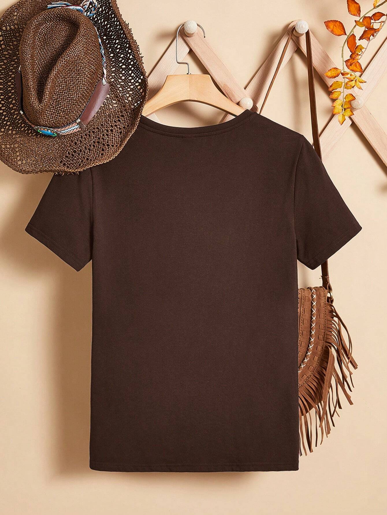 EMERY ROSE Casual Heart-Shaped Patterned Round Neck Women's Short Sleeve T-Shirt shein