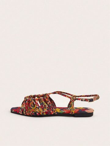 Faux Suede Hand-Woven Twist Flat Sandals shein