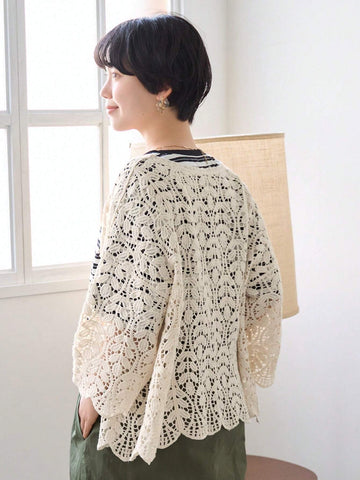 FRIFUL Women's Solid Color Simple Everyday Openwork Cardigan shein