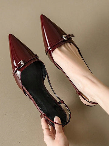Patent Leather Pointed Toe Women's High Heel Shoes, Open Back With Buckle Strap