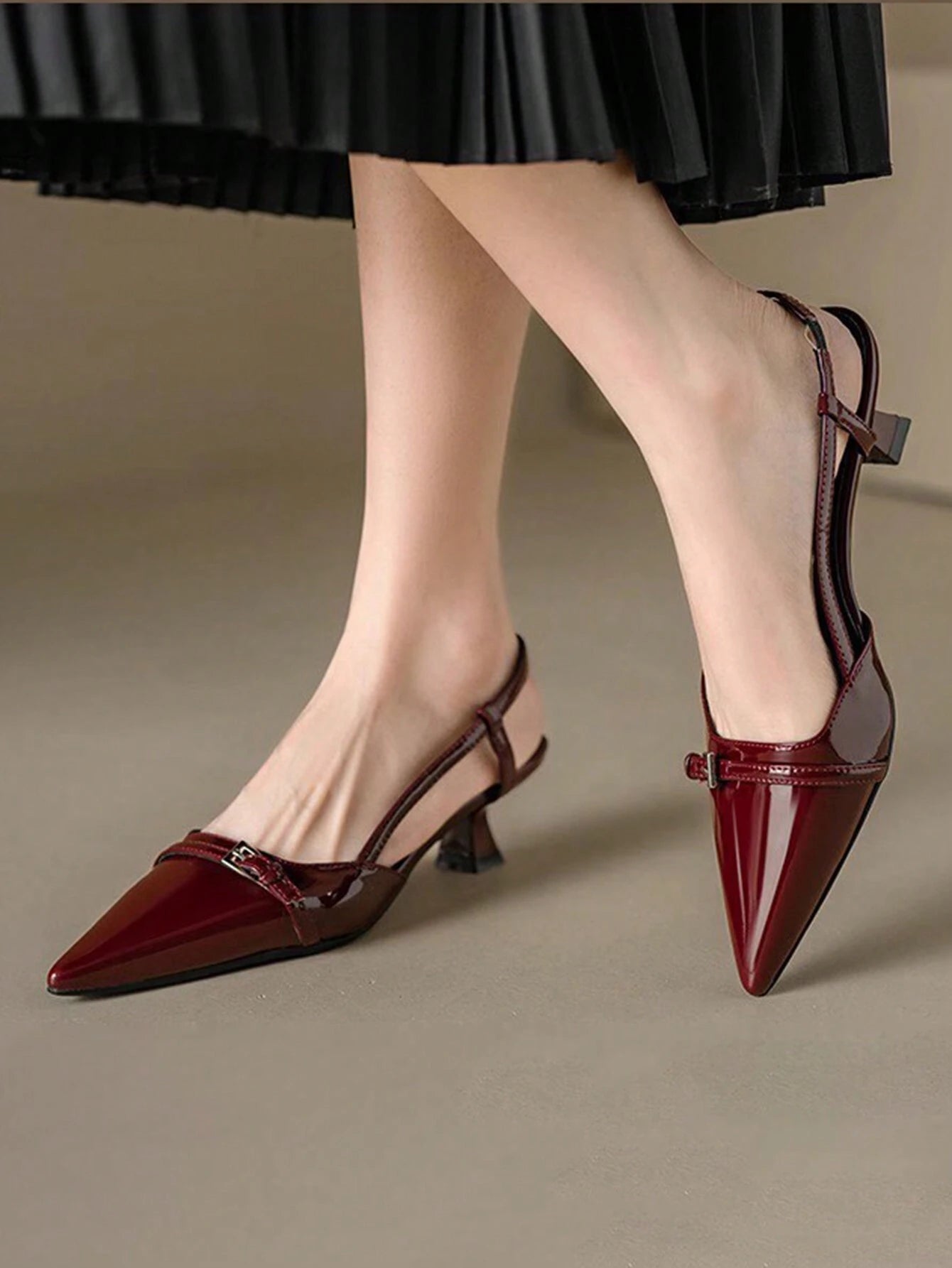 Patent Leather Pointed Toe Women's High Heel Shoes, Open Back With Buckle Strap Shein
