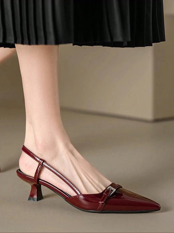 Patent Leather Pointed Toe Women's High Heel Shoes, Open Back With Buckle Strap