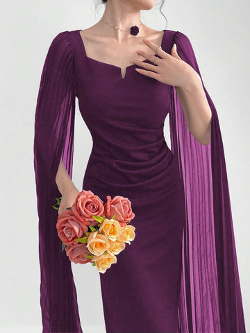 Modely Elegant Dress With A Notched Collar, Pleats, Cinched Waistline, Cape Sleeves shein