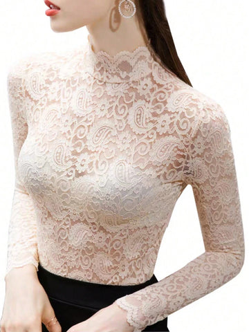 Essnce Elegant Solid Color Stand Collar Lace Top For Women shein