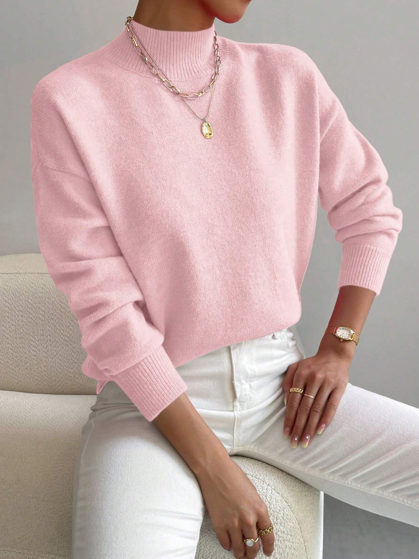 Essnce Mock Neck Drop Shoulder Sweater shein