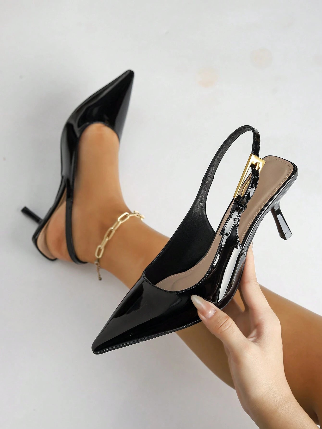 Women's Pointed Toe Fashion Button Detail Patent Leather Slip-On Heeled Pumps shein