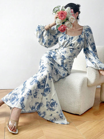 Modely Women's Romantic & Elegant 2pcs/Set Floral Print Square Neck Long Sleeve Top And Skirt shein