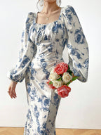Modely Women's Romantic & Elegant 2pcs/Set Floral Print Square Neck Long Sleeve Top And Skirt shein