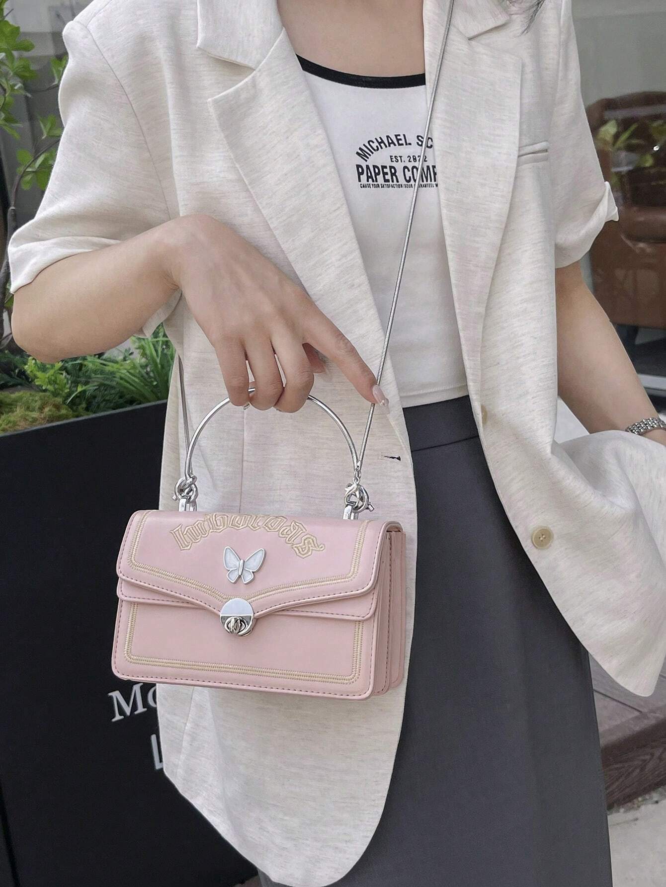 Small Flap Square Bag Letter Embroidered Metal Decor shein