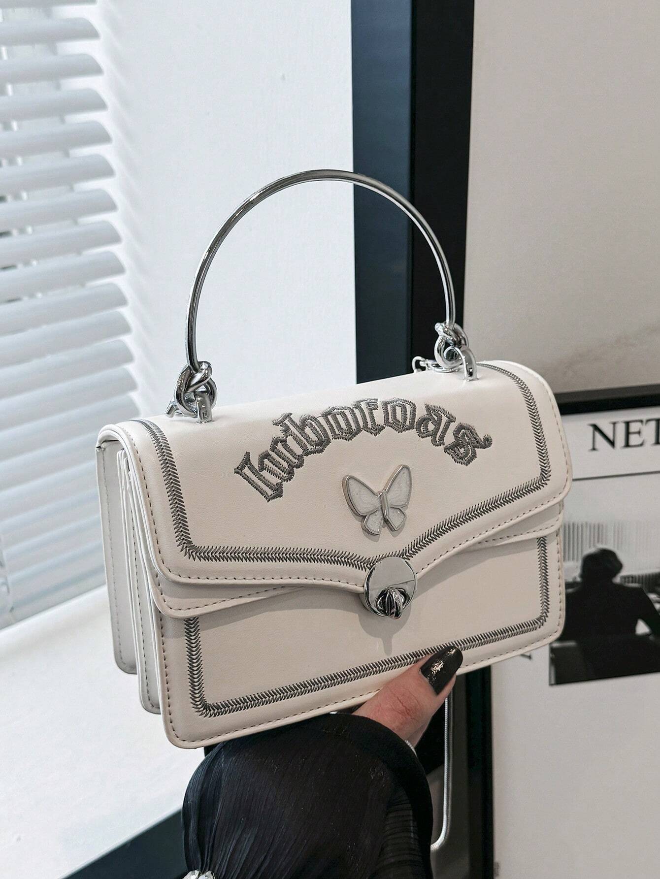 Small Flap Square Bag Letter Embroidered Metal Decor shein