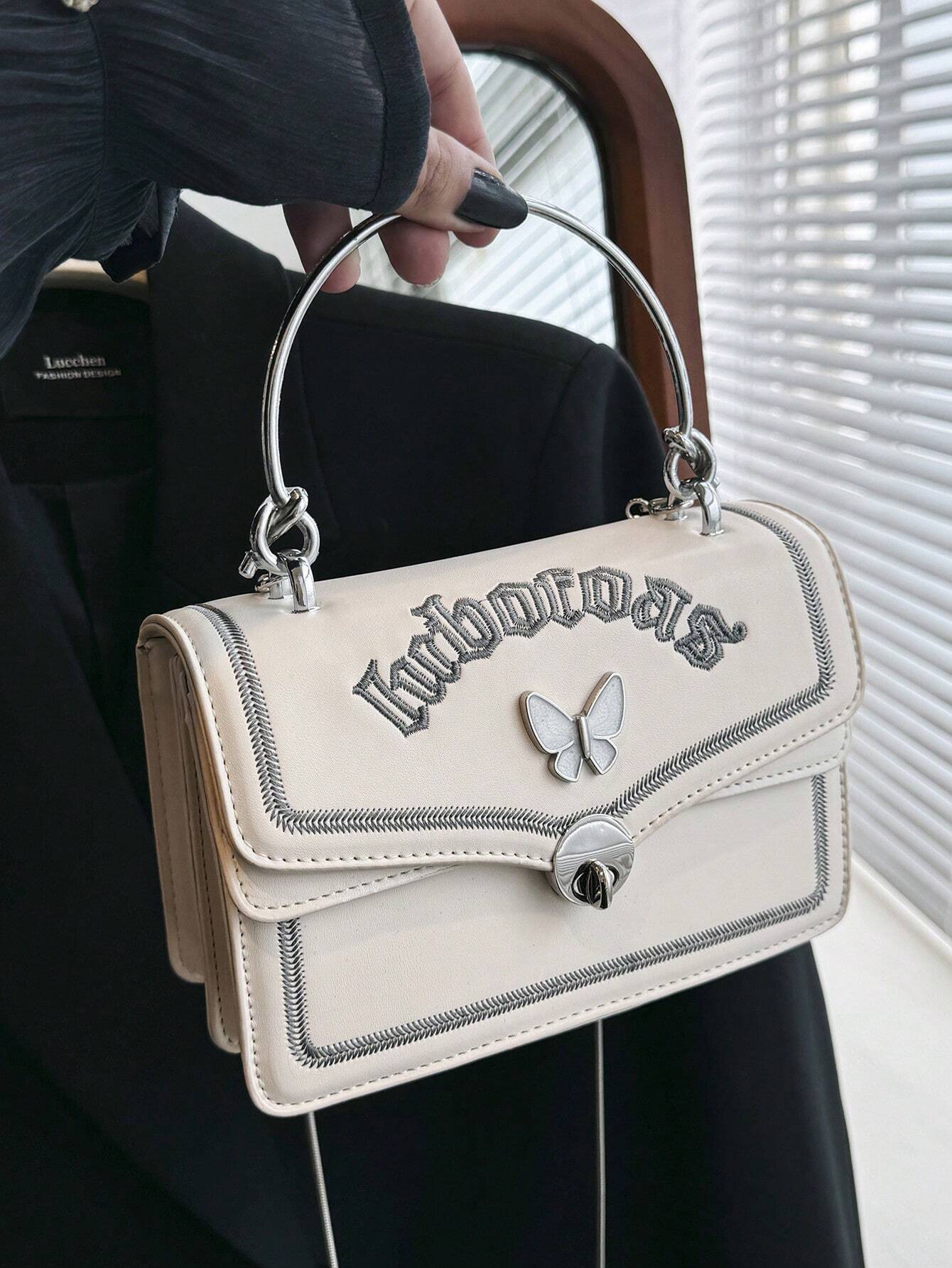 Small Flap Square Bag Letter Embroidered Metal Decor shein