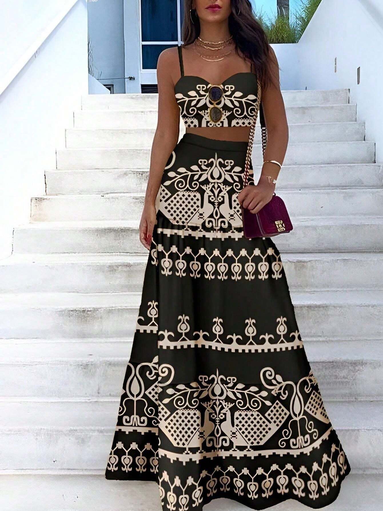 VCAY Vintage Printed Spaghetti Strap Dress Two Pieces Set For Summer Vacation shein