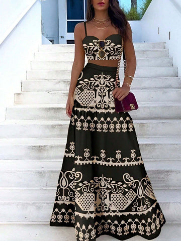 VCAY Vintage Printed Spaghetti Strap Dress Two Pieces Set For Summer Vacation