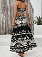 VCAY Vintage Printed Spaghetti Strap Dress Two Pieces Set For Summer Vacation shein