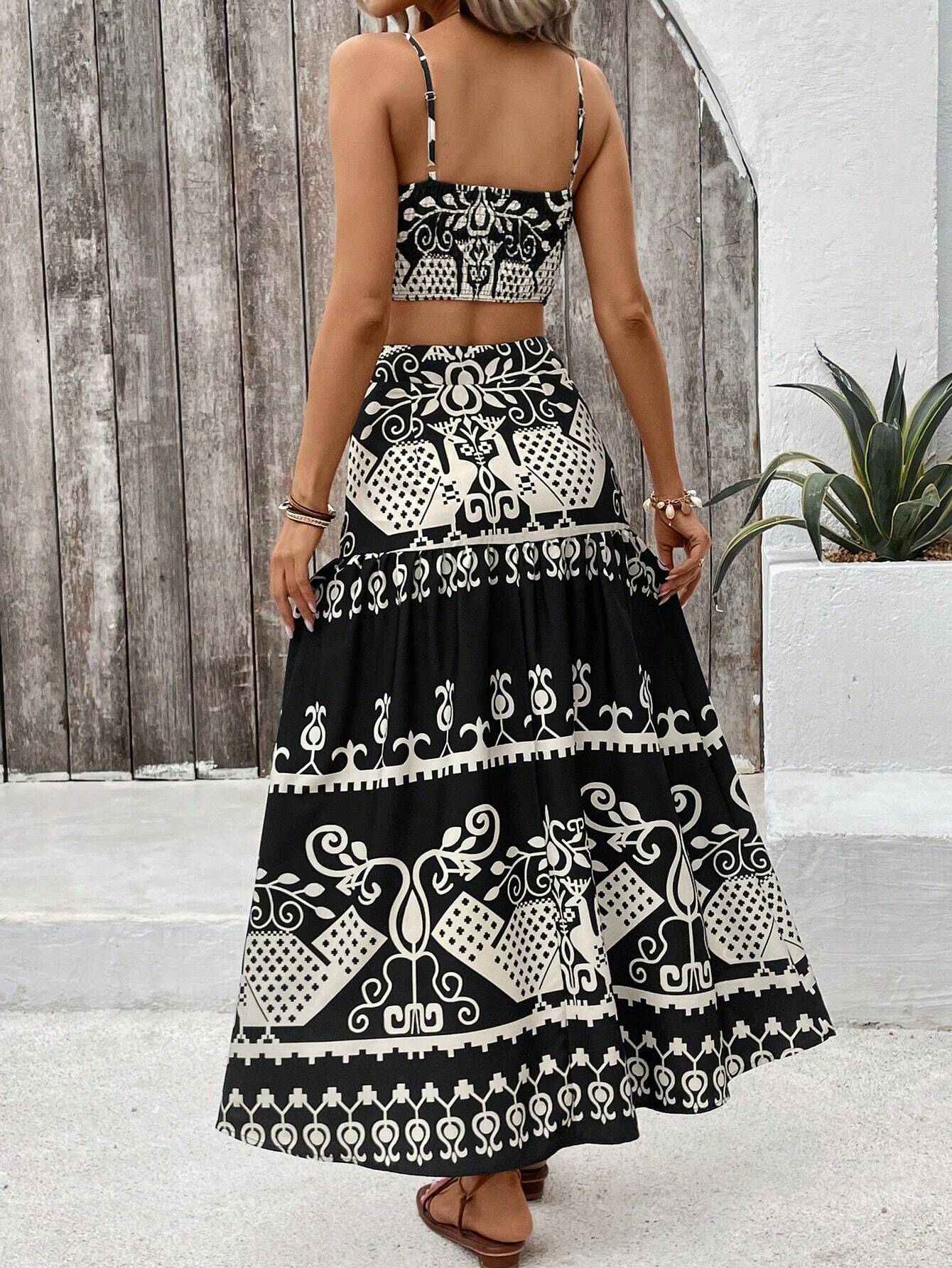 VCAY Vintage Printed Spaghetti Strap Dress Two Pieces Set For Summer Vacation shein