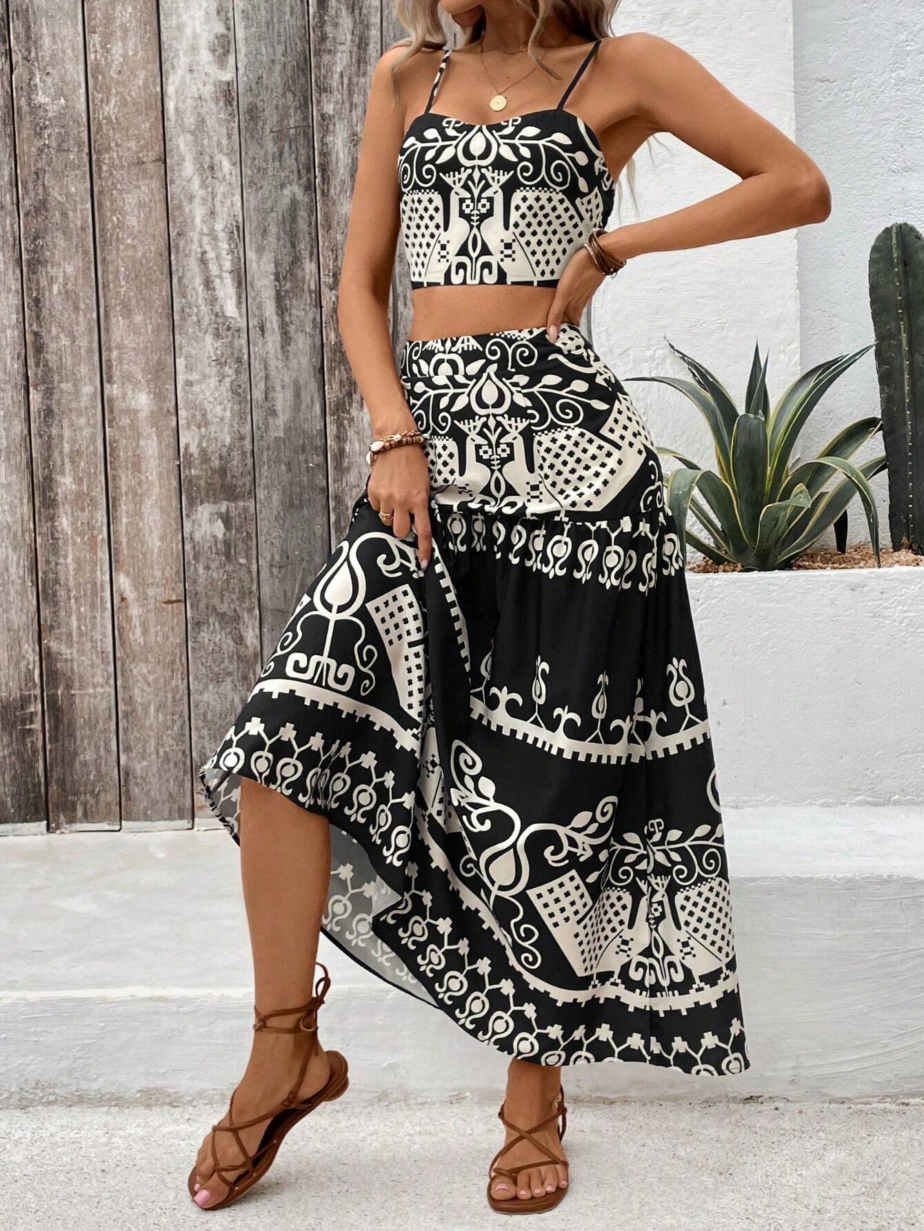VCAY Vintage Printed Spaghetti Strap Dress Two Pieces Set For Summer Vacation