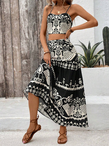 VCAY Vintage Printed Spaghetti Strap Dress Two Pieces Set For Summer Vacation