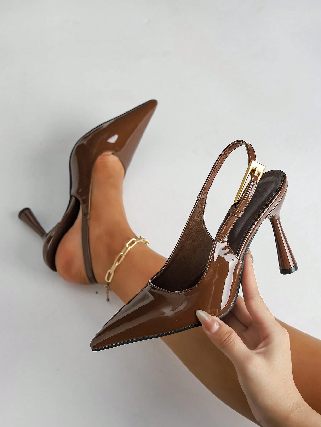 Women's Pointed Toe Fashion Button Detail Patent Leather Slip-On Heeled Pumps shein