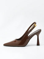Women's Pointed Toe Fashion Button Detail Patent Leather Slip-On Heeled Pumps shein