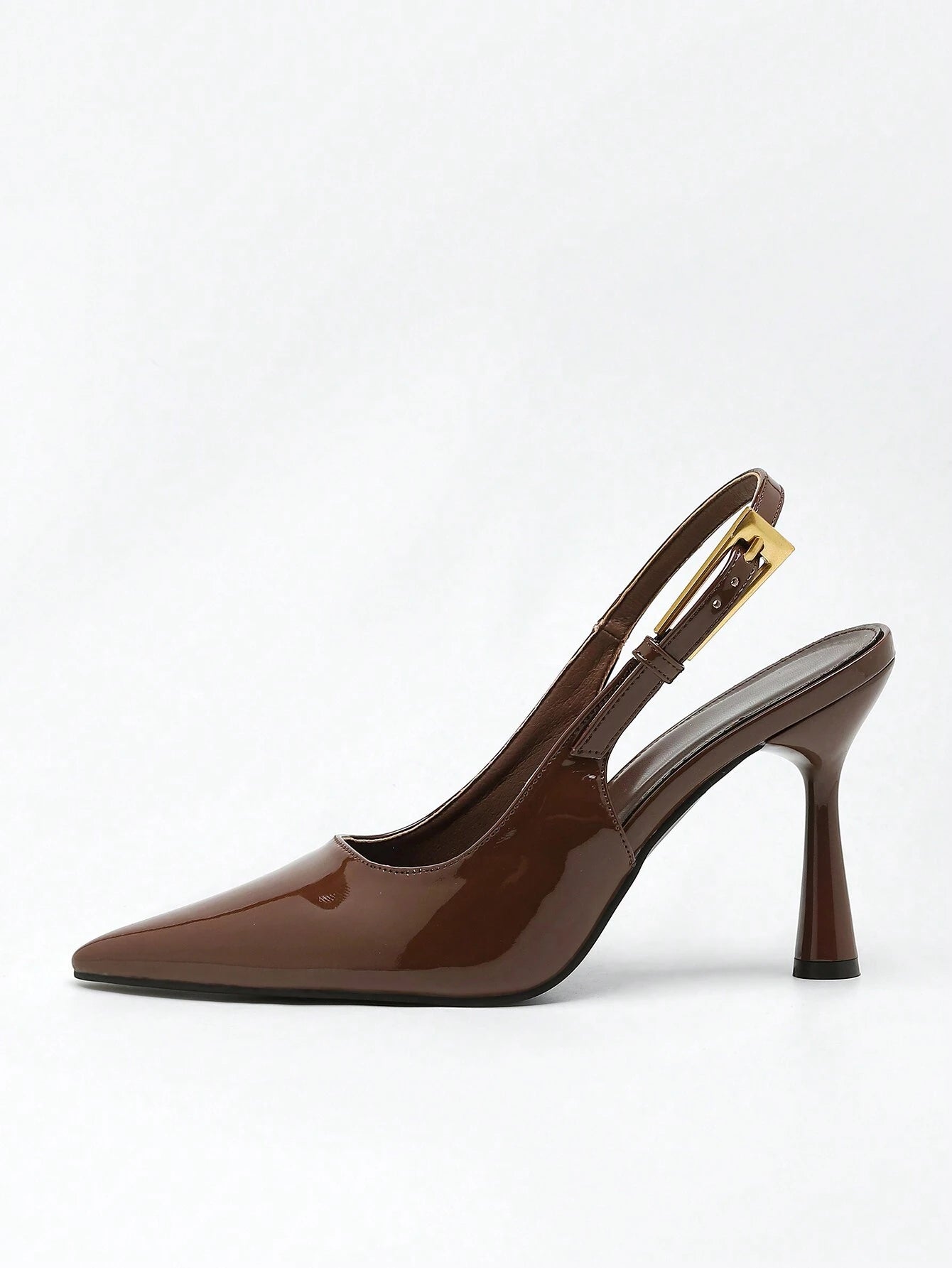 Women's Pointed Toe Fashion Button Detail Patent Leather Slip-On Heeled Pumps shein