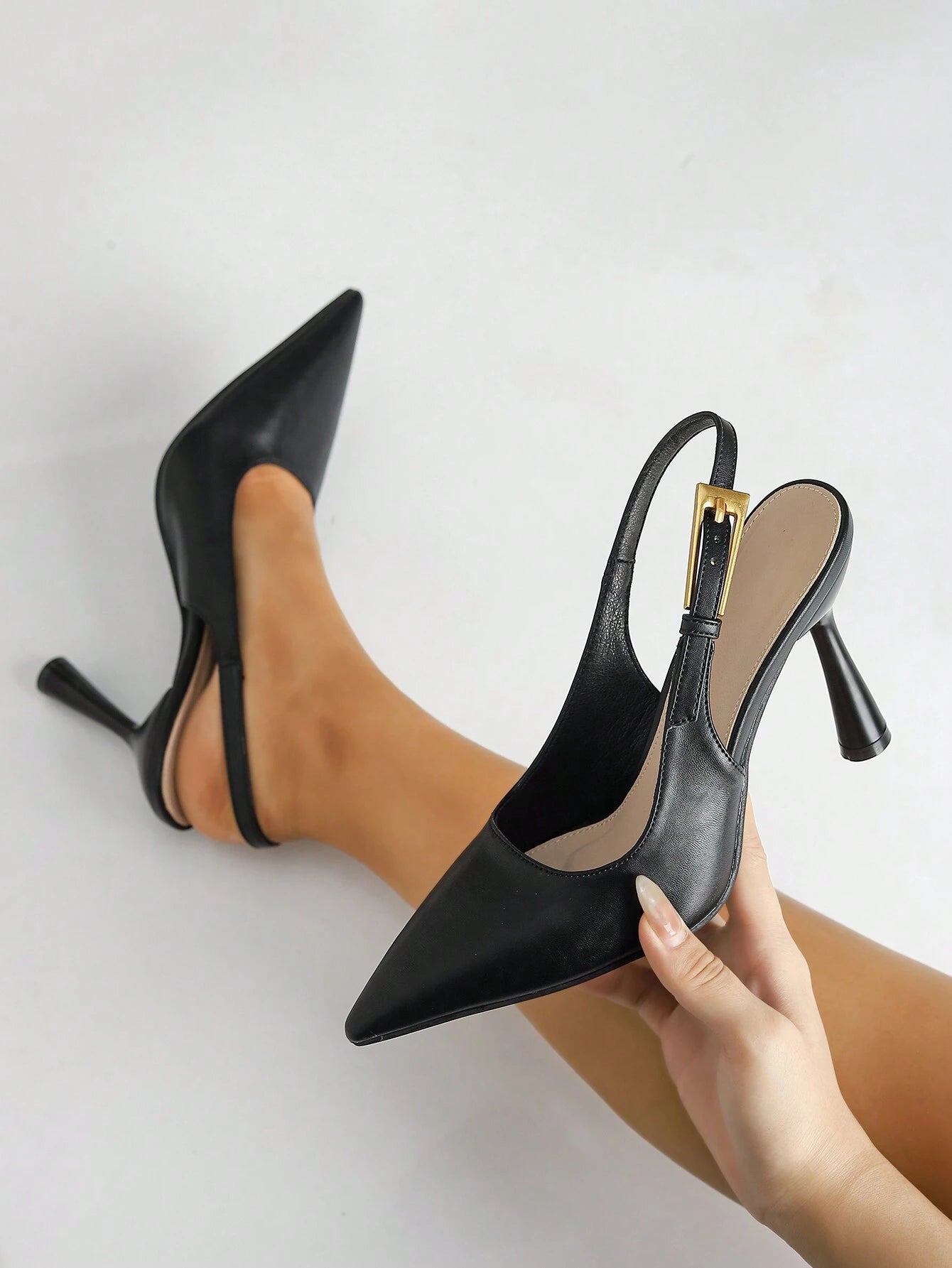 Women's Pointed Toe Fashion Button Detail Patent Leather Slip-On Heeled Pumps shein