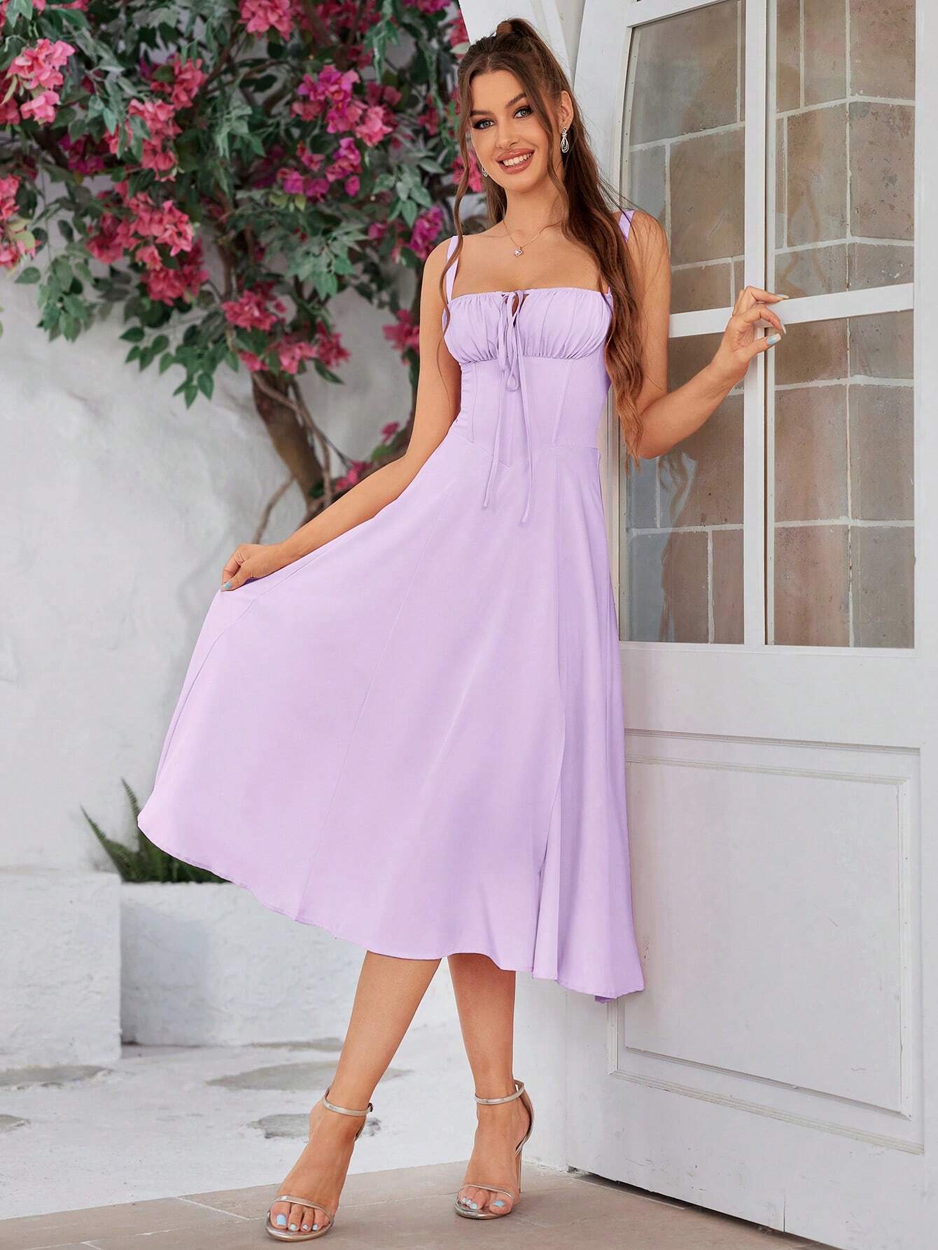 PARTHEA Backless Crisscross Lace Up Ruched Boning Corset Cami Dress Shein