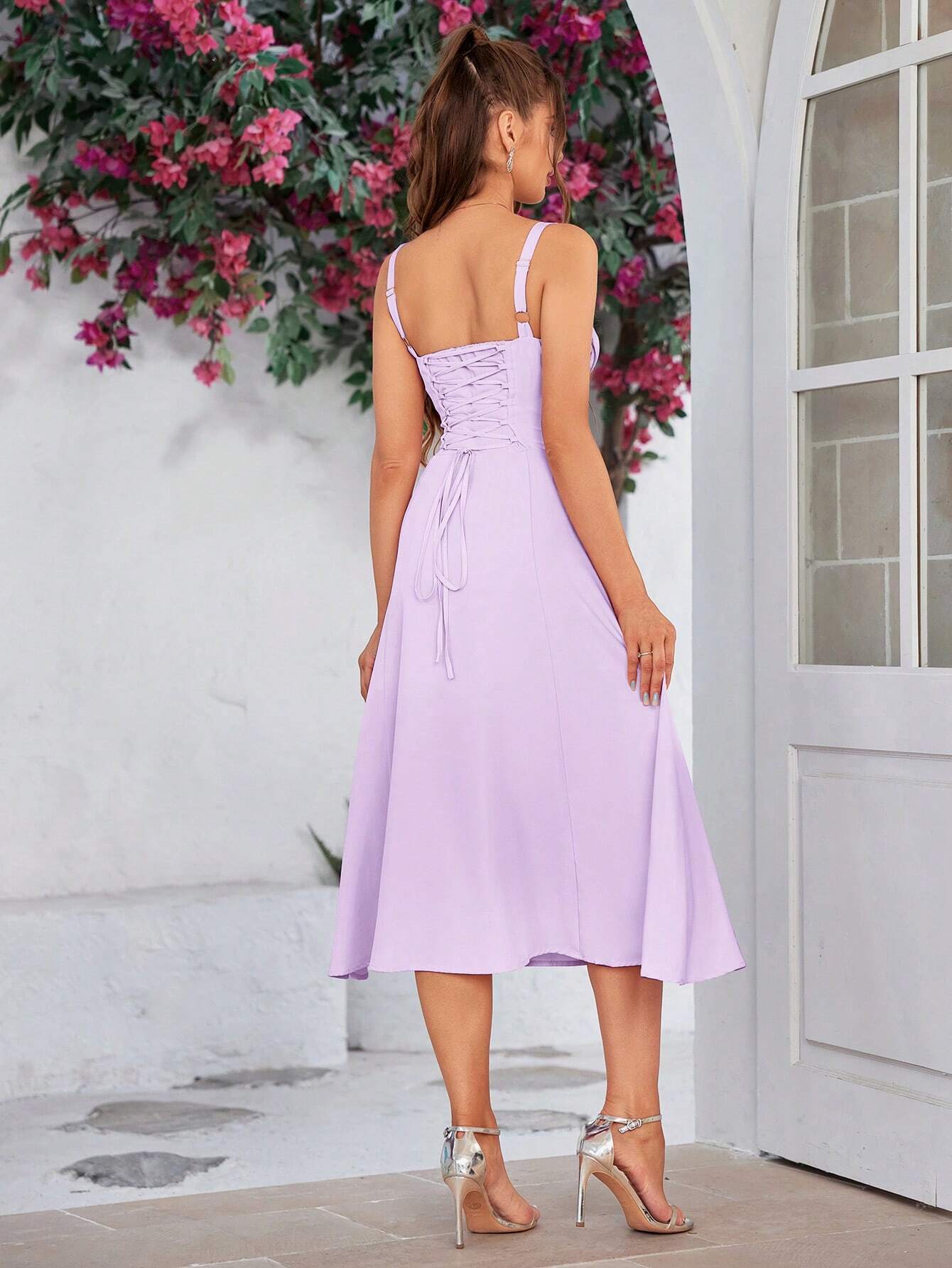 PARTHEA Backless Crisscross Lace Up Ruched Boning Corset Cami Dress Shein