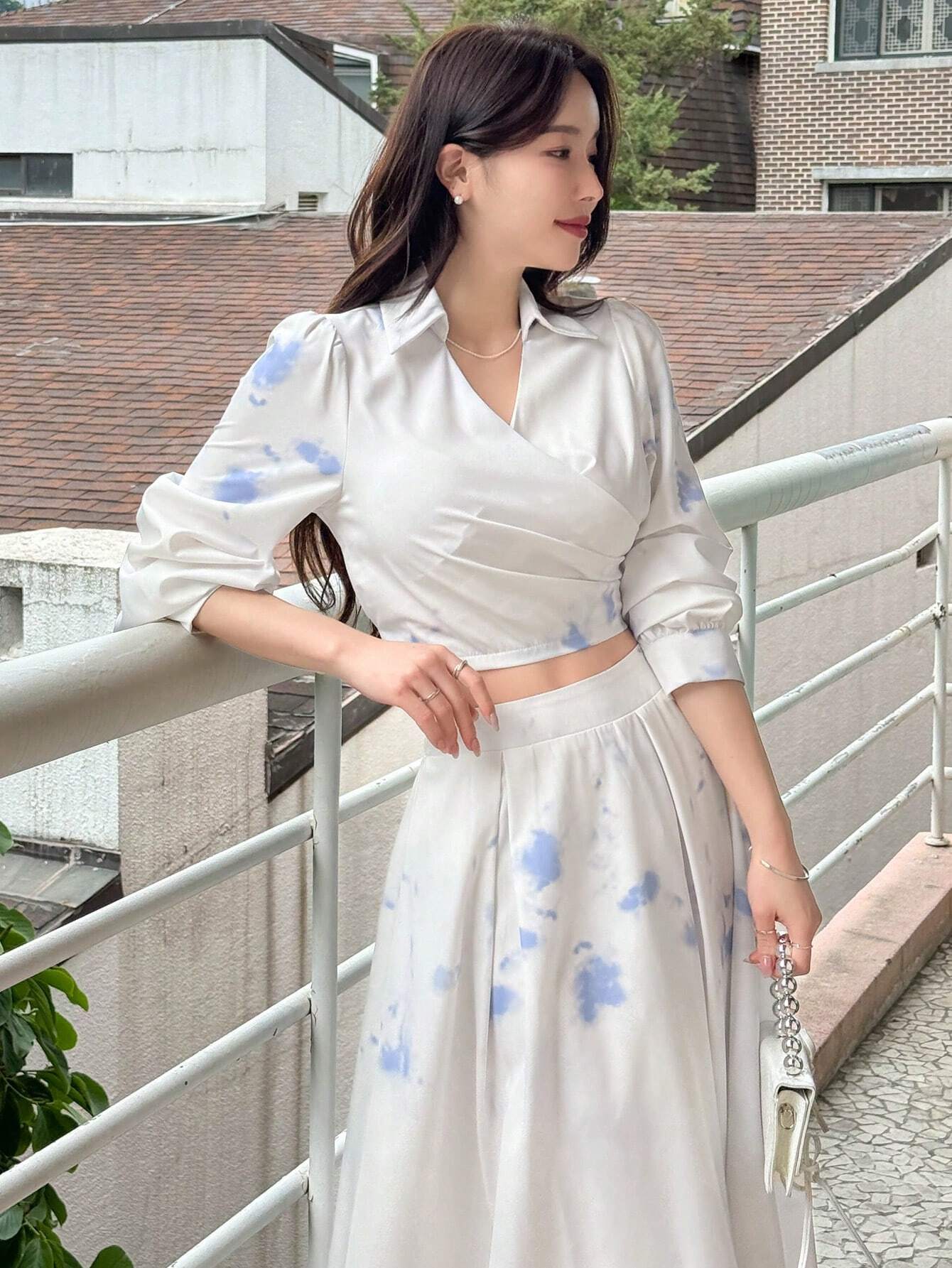 DAZY Women's Elegant Tie Dye Printed Wrap Shirt And Skirt Set shein