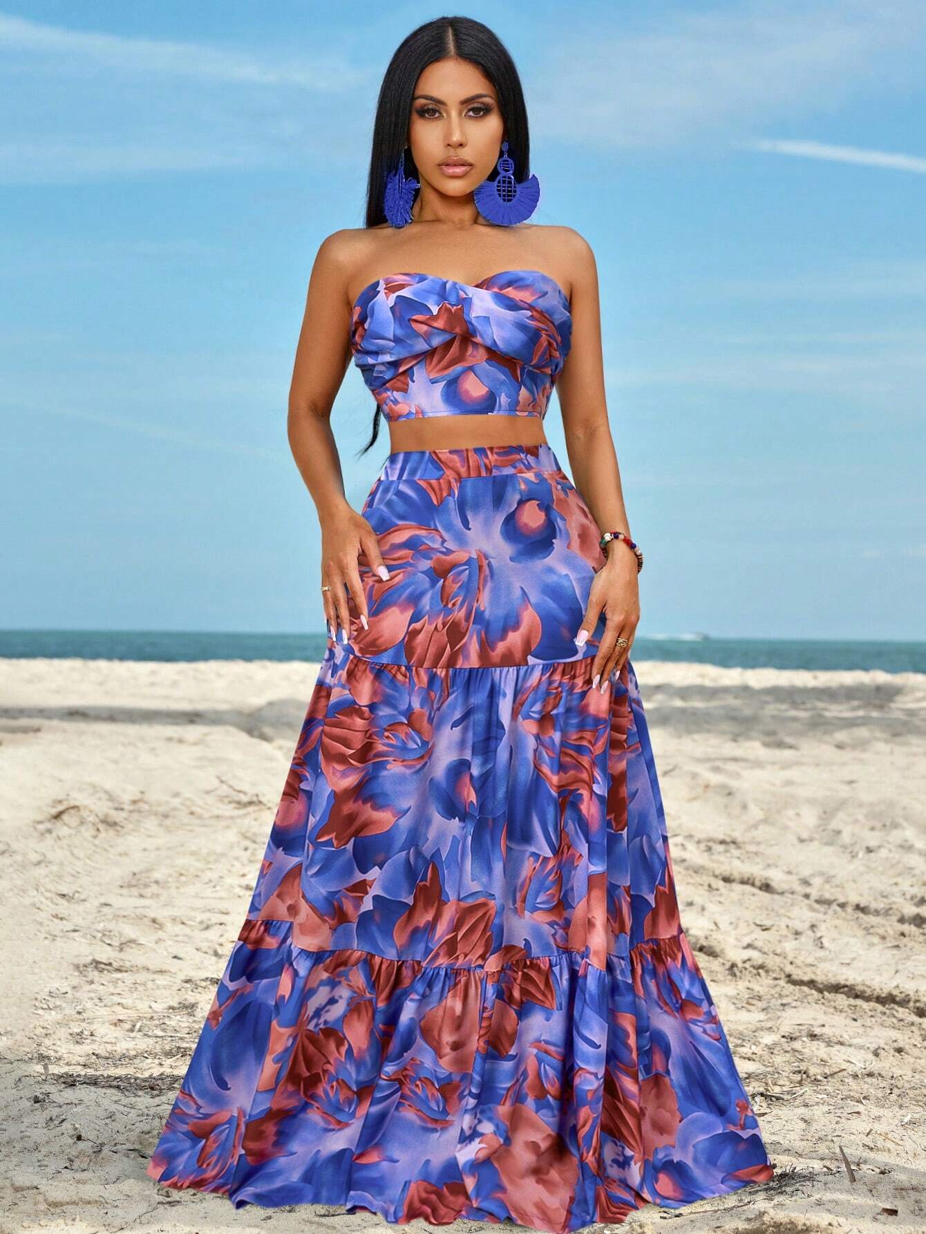 Slayr Ruched Side Twist Bandeau Top And Split Thigh Ruffle Hem Skirt Set shein