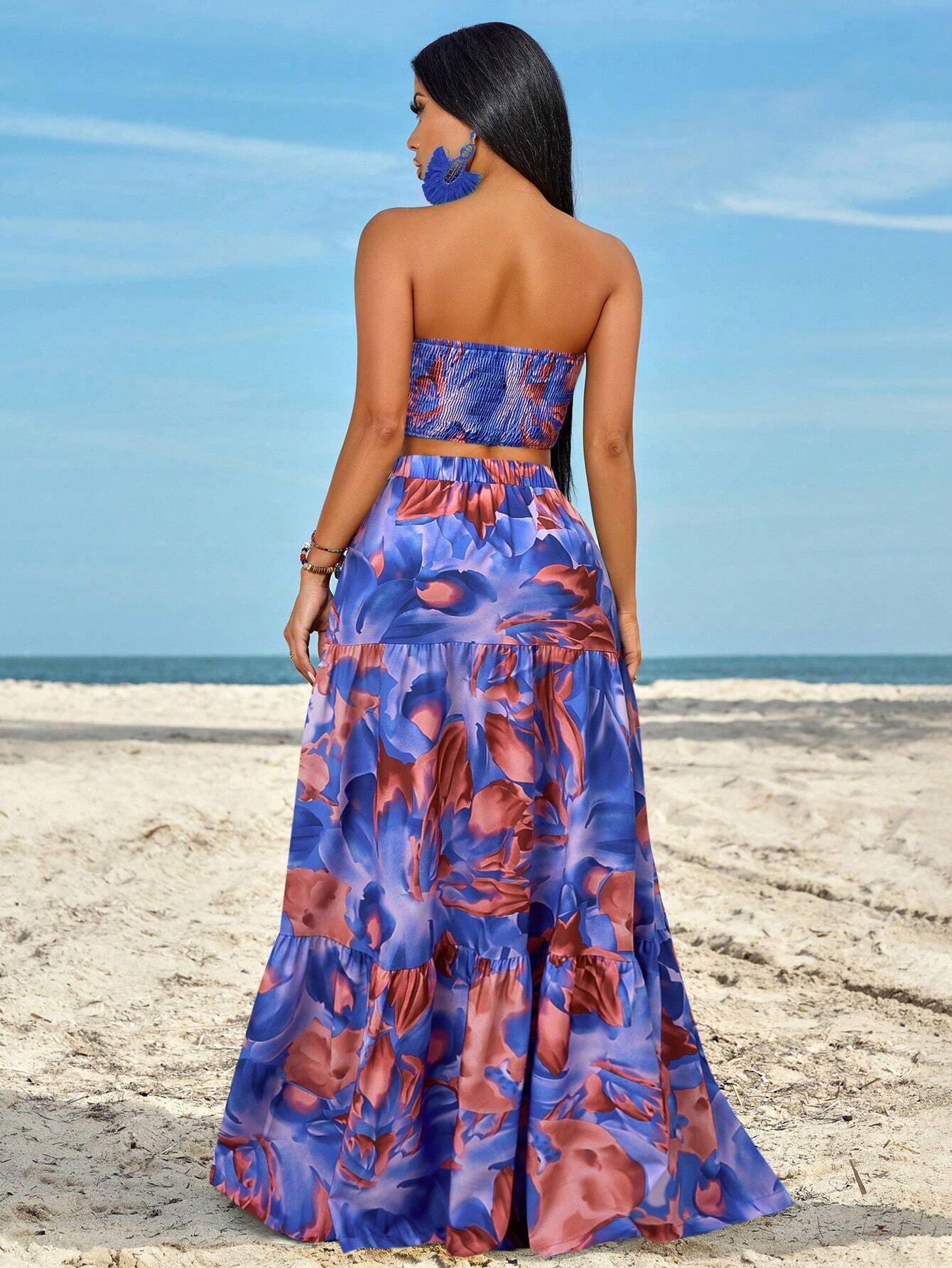 Slayr Ruched Side Twist Bandeau Top And Split Thigh Ruffle Hem Skirt Set shein
