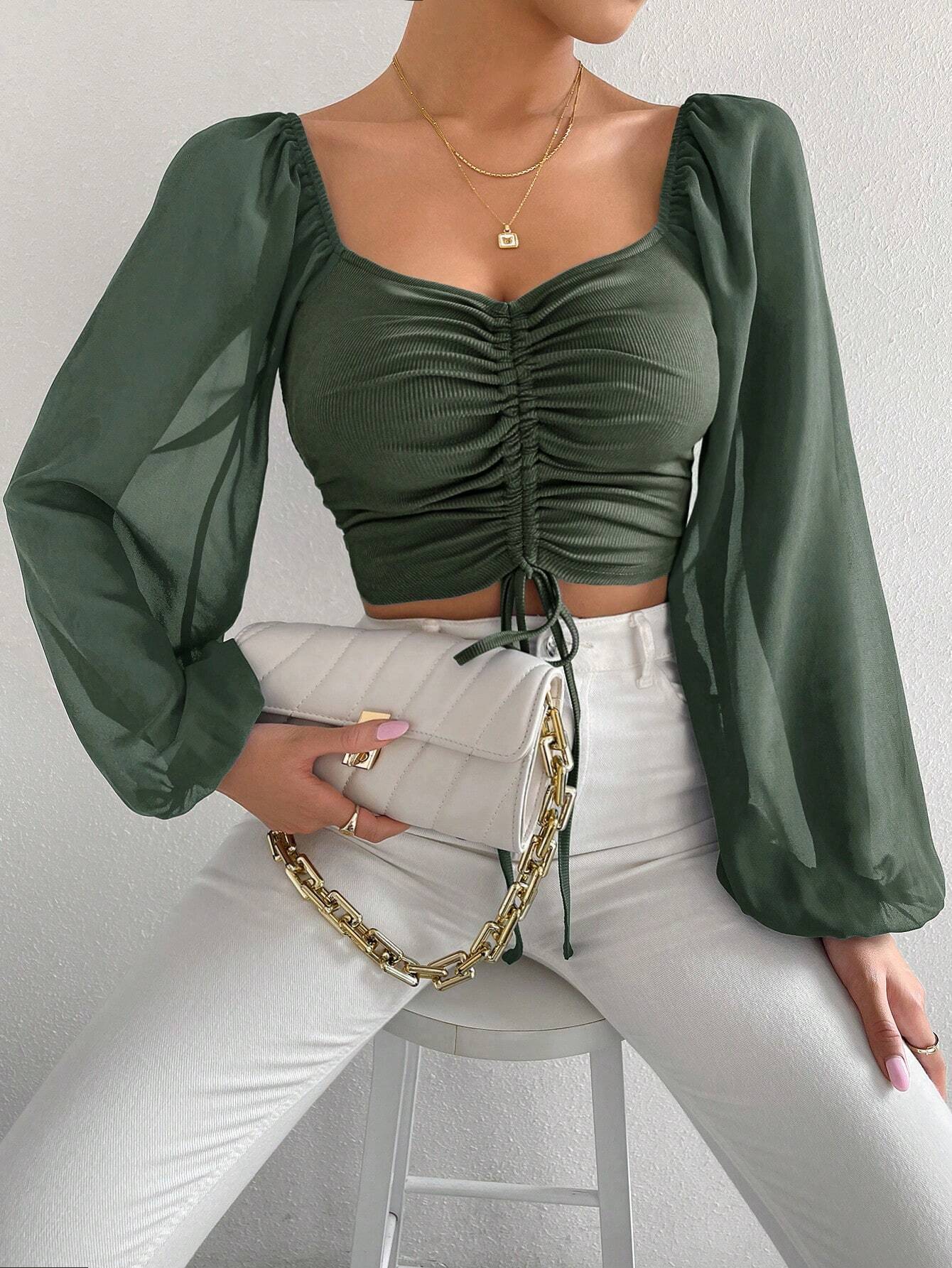 Privé Women's Solid Color Drawstring Pullover Shirt With Pleated Lantern Sleeves shein