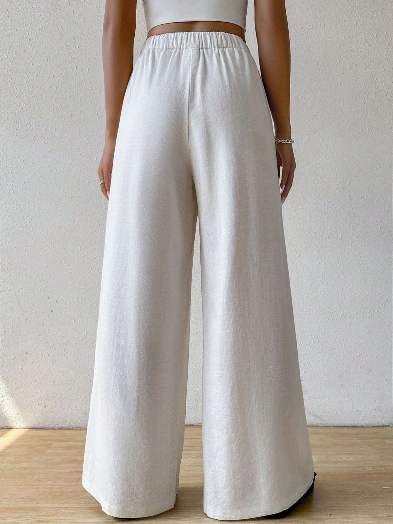 EZwear Solid Color Pleated Wide Leg Pants shein