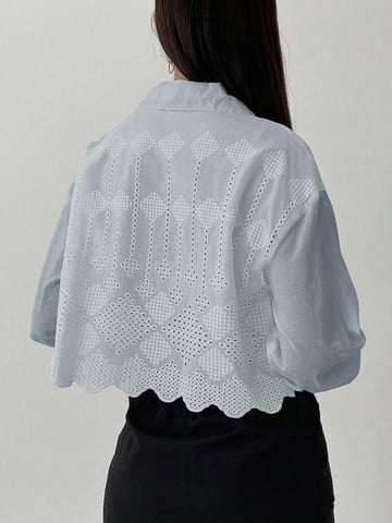 Dazy-Less Eyelet Embroidery Scallop Trim Shirt shein