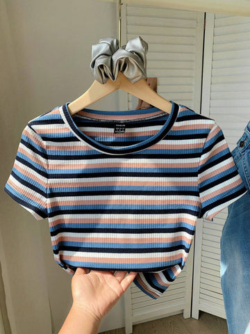 EZwear Colorful Striped Knit Slim-Fit Women\ T-Shirt shein