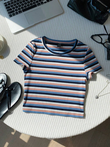 EZwear Colorful Striped Knit Slim-Fit Women\ T-Shirt shein