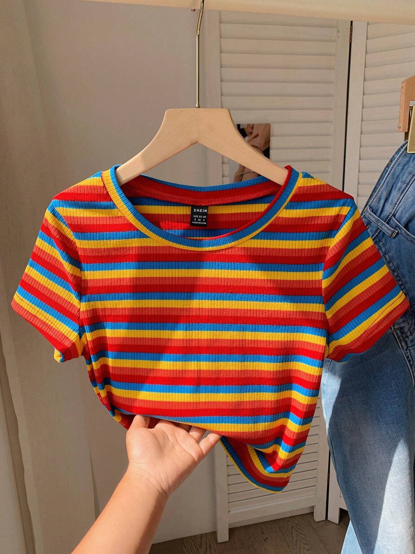 EZwear Colorful Striped Knit Slim-Fit Women\ T-Shirt shein