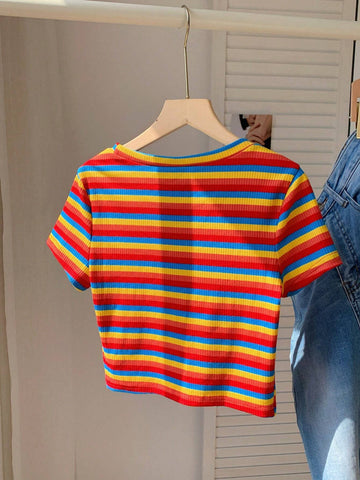 EZwear Colorful Striped Knit Slim-Fit Women\ T-Shirt shein