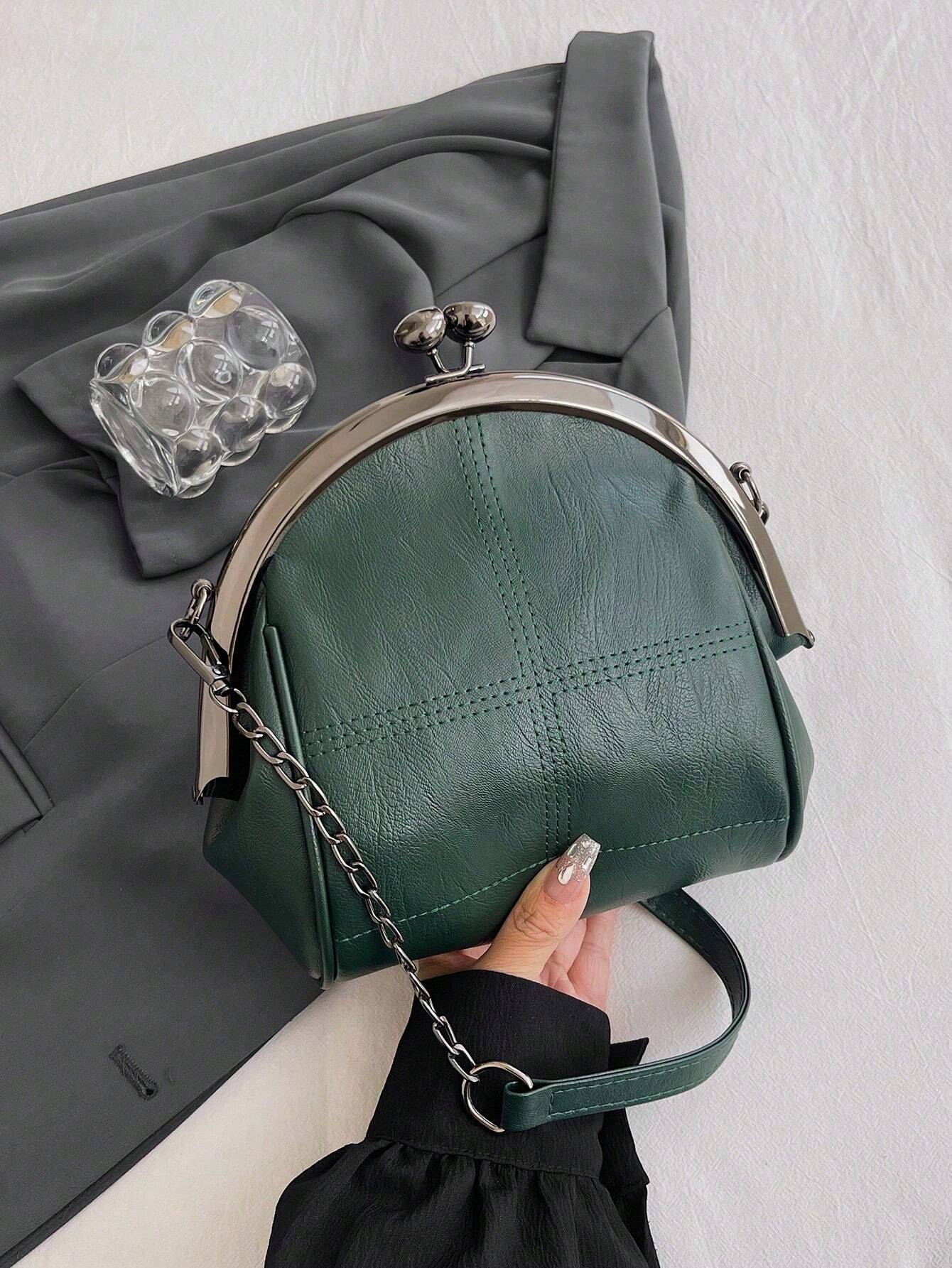 Leisure Retro Dark Green PU Clip Bag With Dual Metal Chain shein
