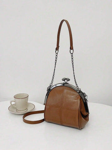Leisure Retro Dark Green PU Clip Bag With Dual Metal Chain
