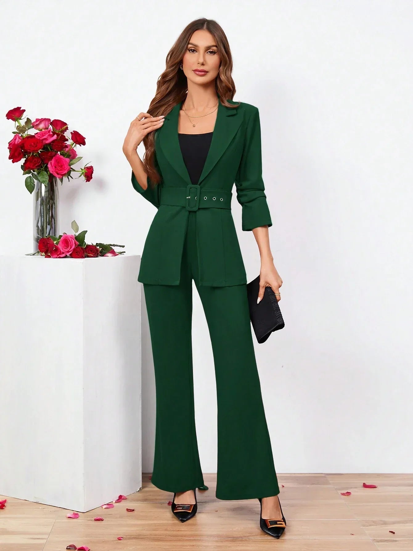 Clasi Ladies Belted Three-quarter Sleeve Suit With Pleats shein