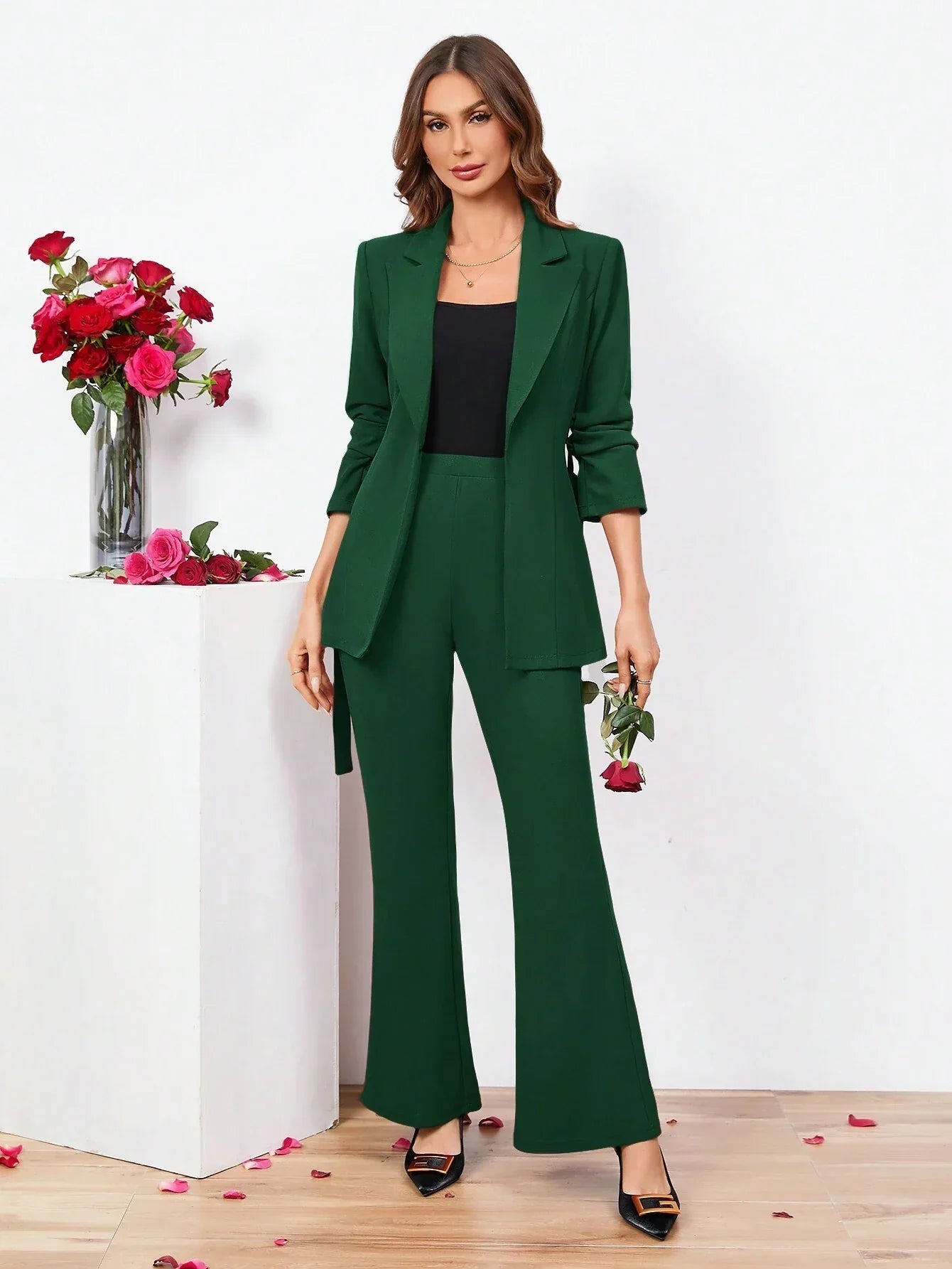 Clasi Ladies Belted Three-quarter Sleeve Suit With Pleats shein