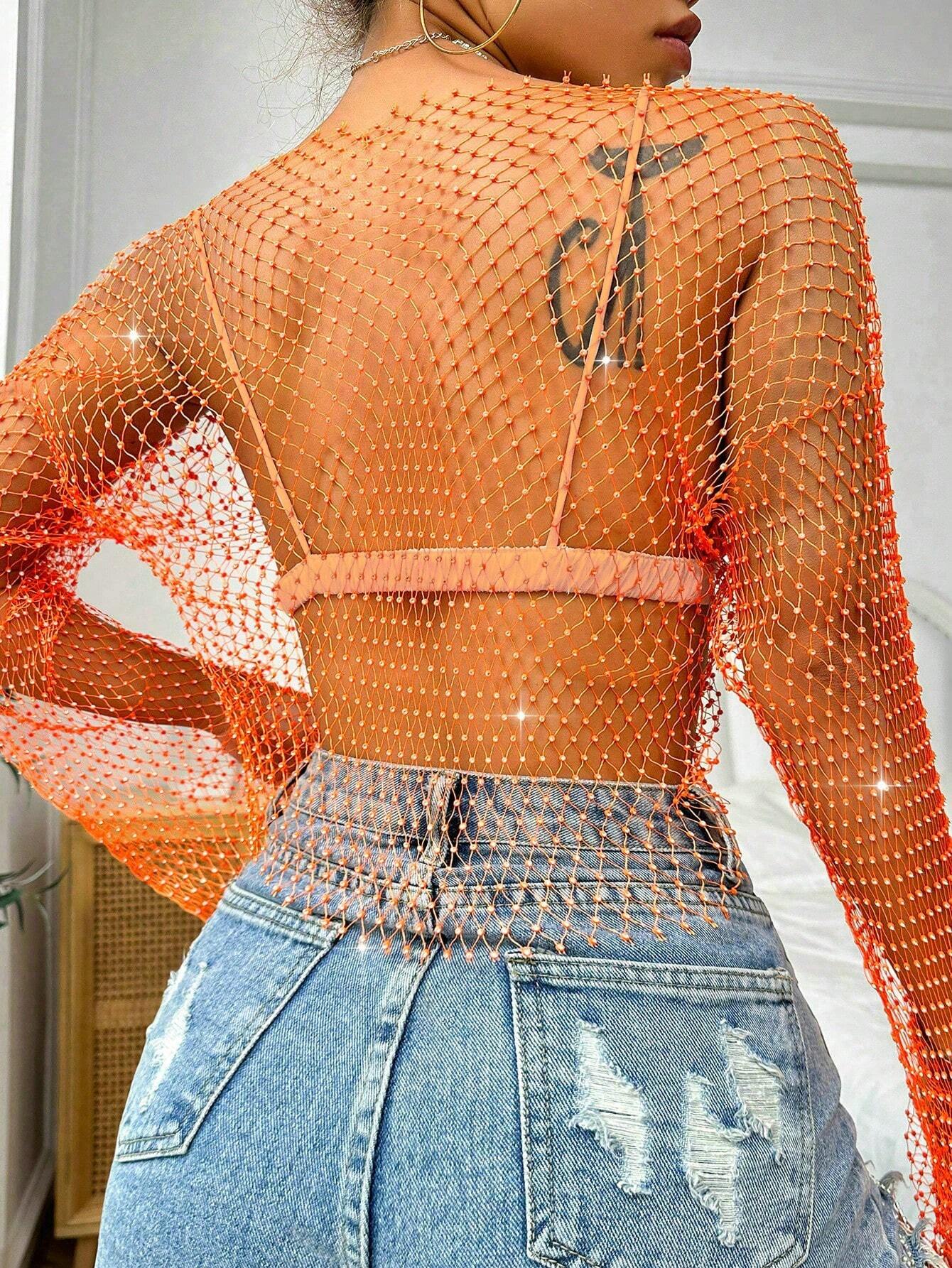 BAE Sheer Fishnet Metallic Top shein